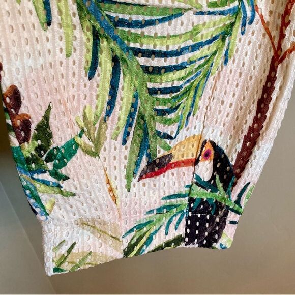NEW FARM Rio Toucan Paradise Eyelet Pants Tropical Toucan Bird Yellow Size L - Picture 10 of 16